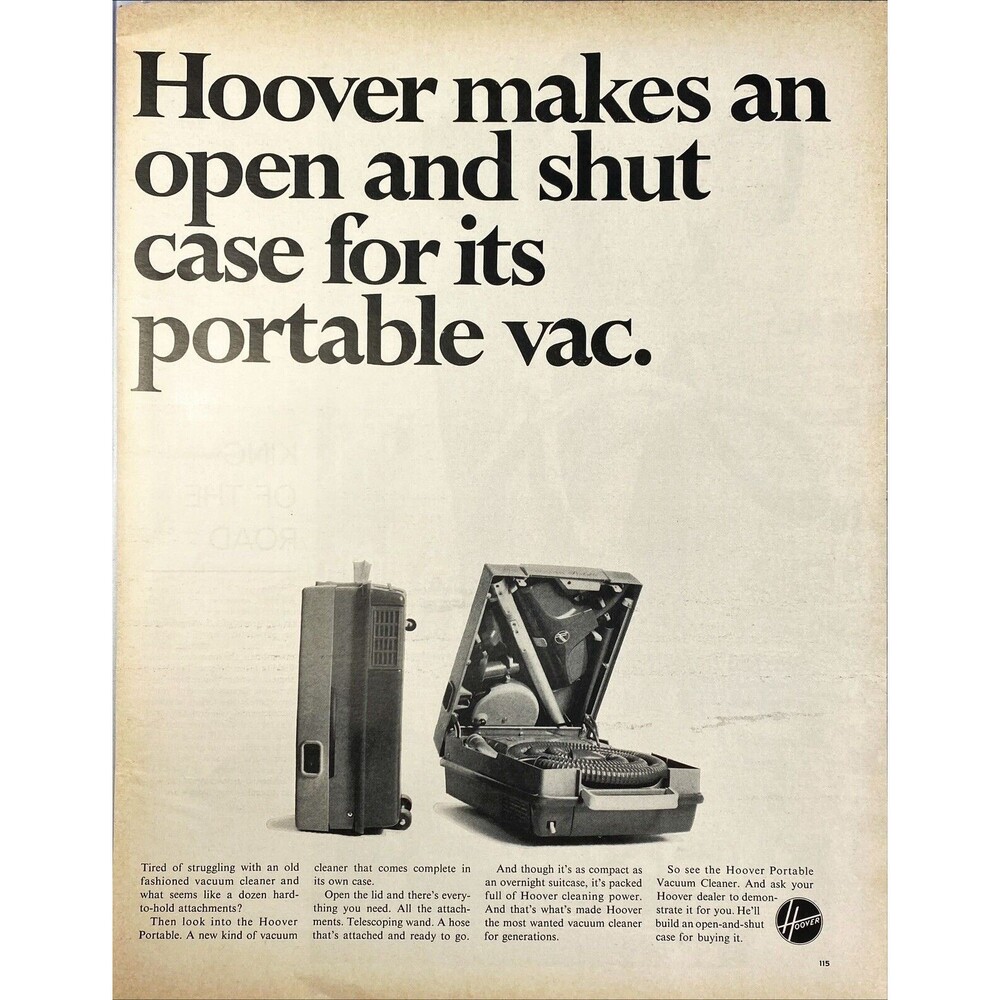 Hoover Portable Vac "Hoover makes an open and shut Case" Vtg Print Ad 1967